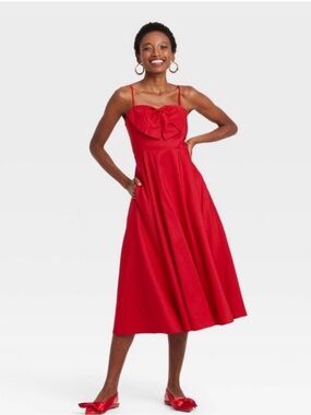 A new day Red Spaghetti-Strap Bow Midi Dress with pockets